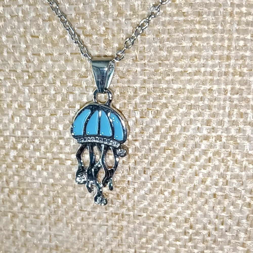Silver and Blue Jellyfish Necklace with Turquoise Dome